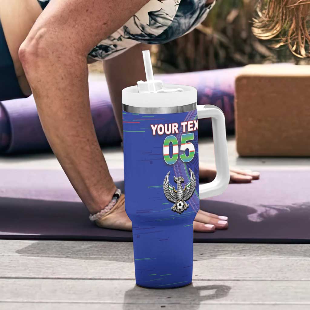 Custom Uzbekistan Football Tumbler With Handle Modern Glitch Art Style Huma Bird
