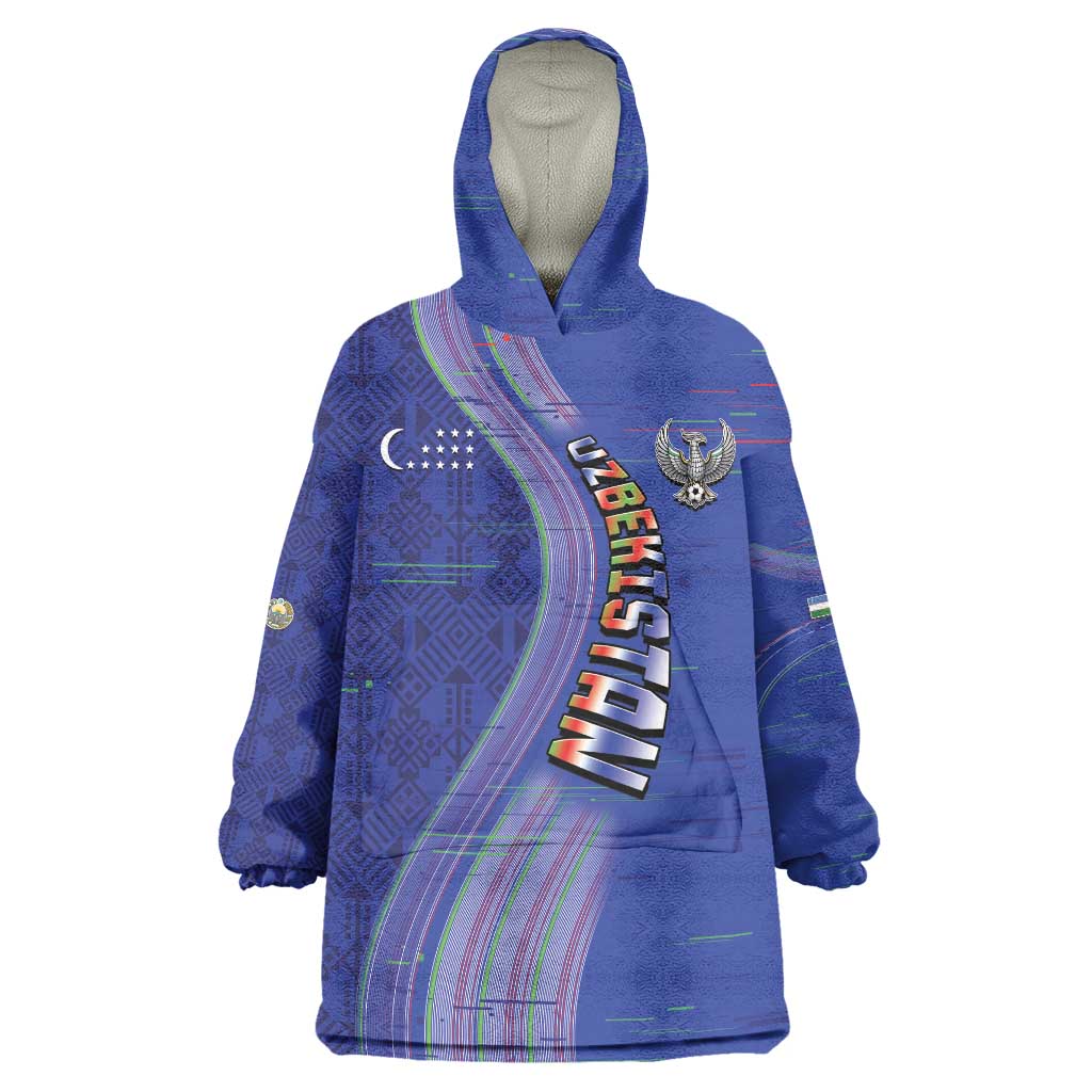 Custom Uzbekistan Football Wearable Blanket Hoodie Modern Glitch Art Style Huma Bird