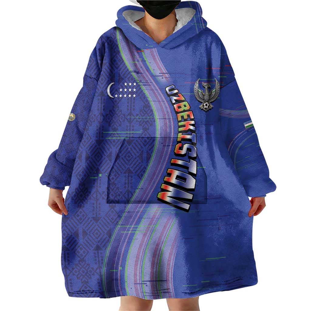 Custom Uzbekistan Football Wearable Blanket Hoodie Modern Glitch Art Style Huma Bird