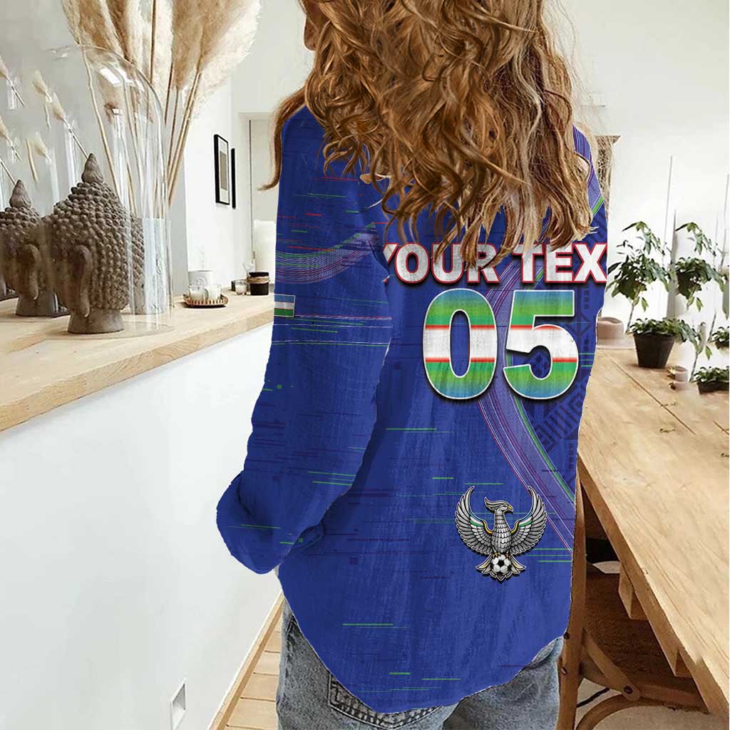 Custom Uzbekistan Football Women Casual Shirt Modern Glitch Art Style Huma Bird