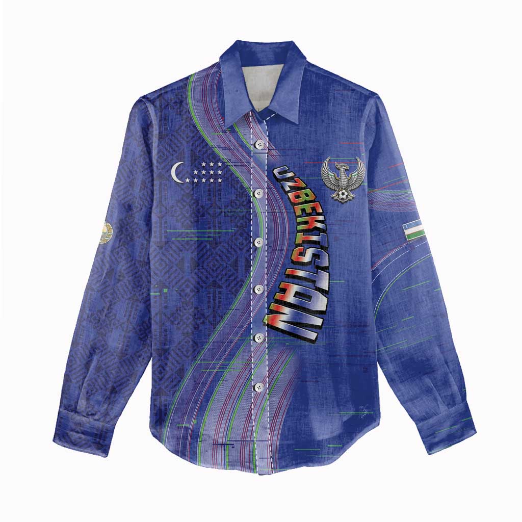 Custom Uzbekistan Football Women Casual Shirt Modern Glitch Art Style Huma Bird