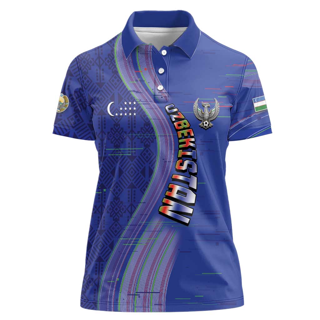 Custom Uzbekistan Football Women Polo Shirt Modern Glitch Art Style Huma Bird