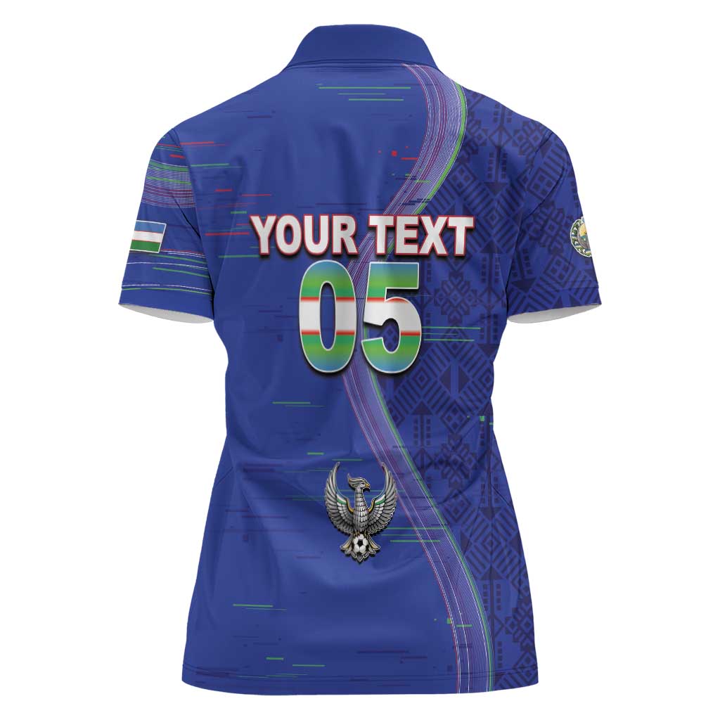 Custom Uzbekistan Football Women Polo Shirt Modern Glitch Art Style Huma Bird