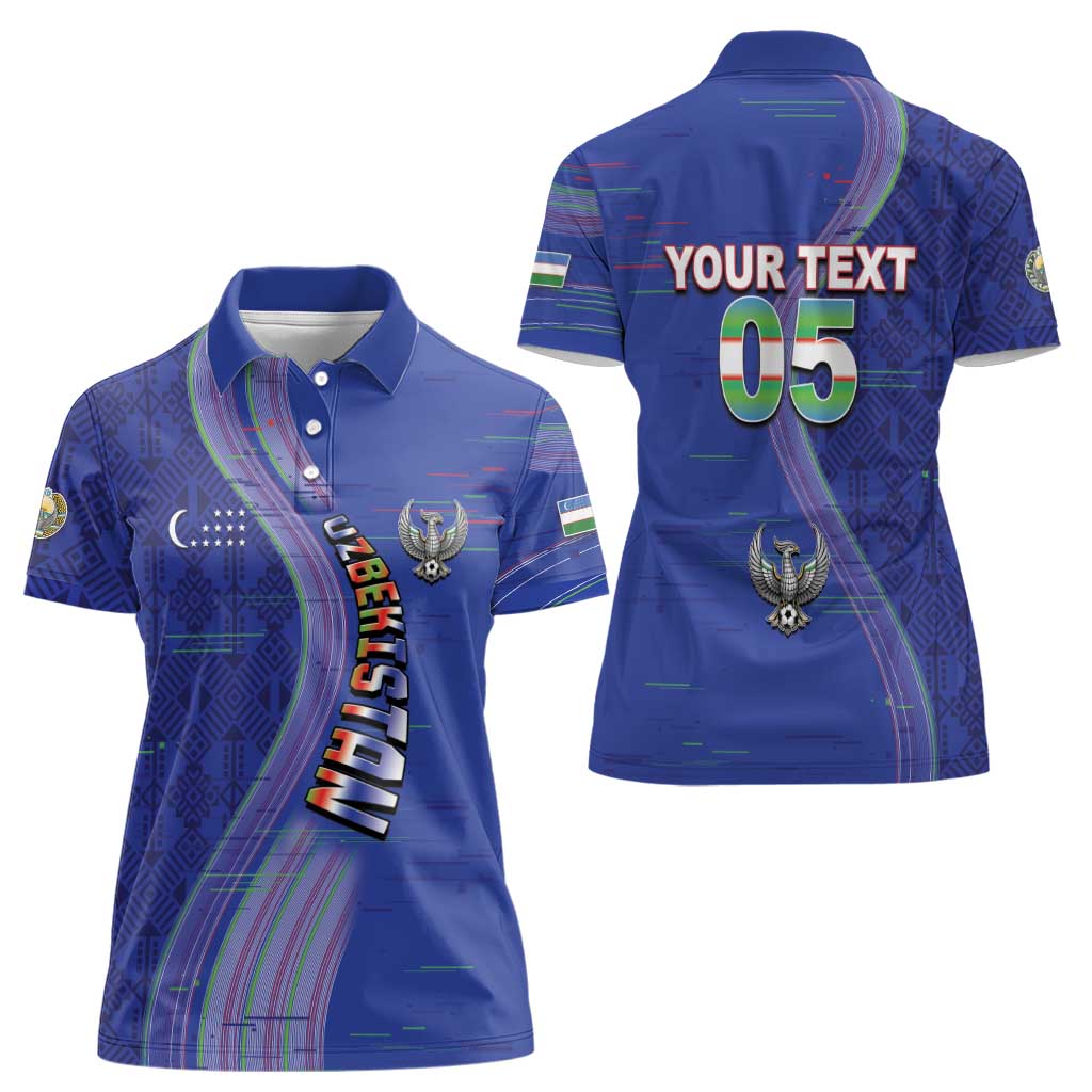 Custom Uzbekistan Football Women Polo Shirt Modern Glitch Art Style Huma Bird