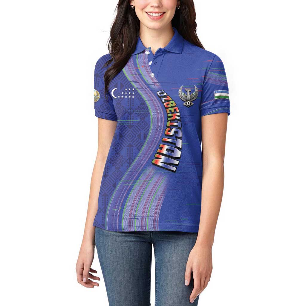 Custom Uzbekistan Football Women Polo Shirt Modern Glitch Art Style Huma Bird