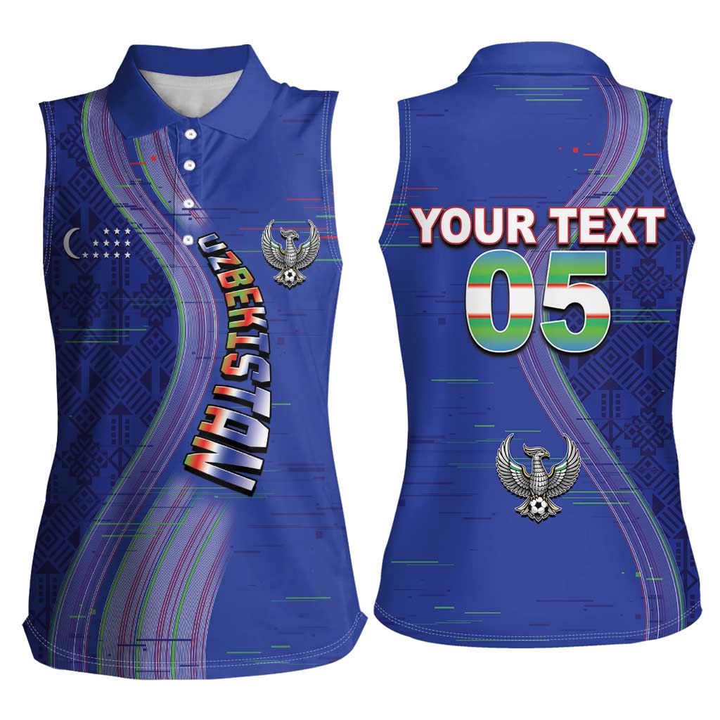 Custom Uzbekistan Football Women Sleeveless Polo Shirt Modern Glitch Art Style Huma Bird