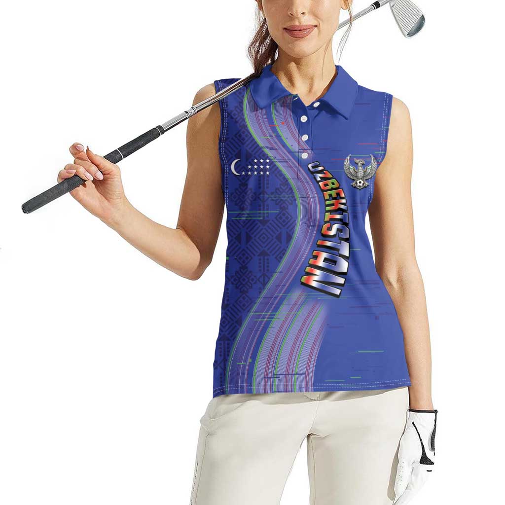 Custom Uzbekistan Football Women Sleeveless Polo Shirt Modern Glitch Art Style Huma Bird