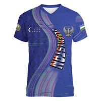 Custom Uzbekistan Football Women V-Neck T-Shirt Modern Glitch Art Style Huma Bird