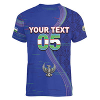 Custom Uzbekistan Football Women V-Neck T-Shirt Modern Glitch Art Style Huma Bird