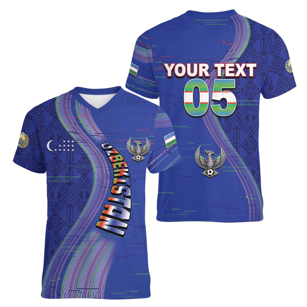 Custom Uzbekistan Football Women V-Neck T-Shirt Modern Glitch Art Style Huma Bird