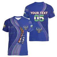 Custom Uzbekistan Football Women V-Neck T-Shirt Modern Glitch Art Style Huma Bird