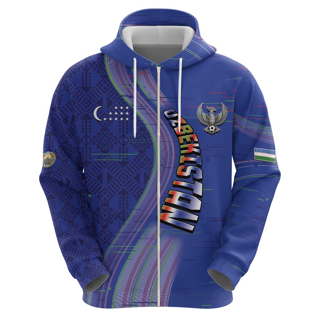 Custom Uzbekistan Football Zip Hoodie Modern Glitch Art Style Huma Bird