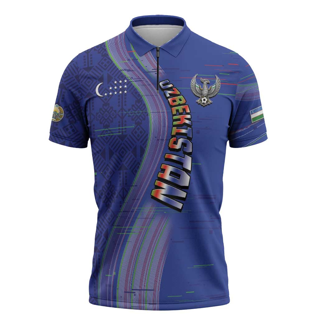 Custom Uzbekistan Football Zipper Polo Shirt Modern Glitch Art Style Huma Bird