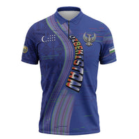 Custom Uzbekistan Football Zipper Polo Shirt Modern Glitch Art Style Huma Bird