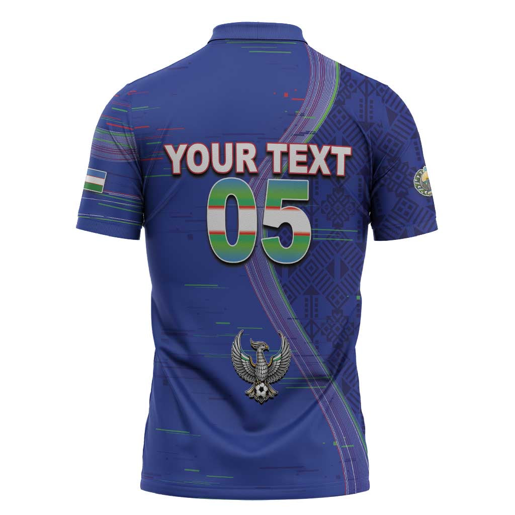 Custom Uzbekistan Football Zipper Polo Shirt Modern Glitch Art Style Huma Bird