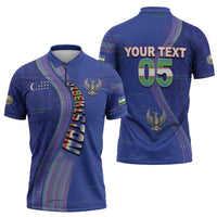 Custom Uzbekistan Football Zipper Polo Shirt Modern Glitch Art Style Huma Bird