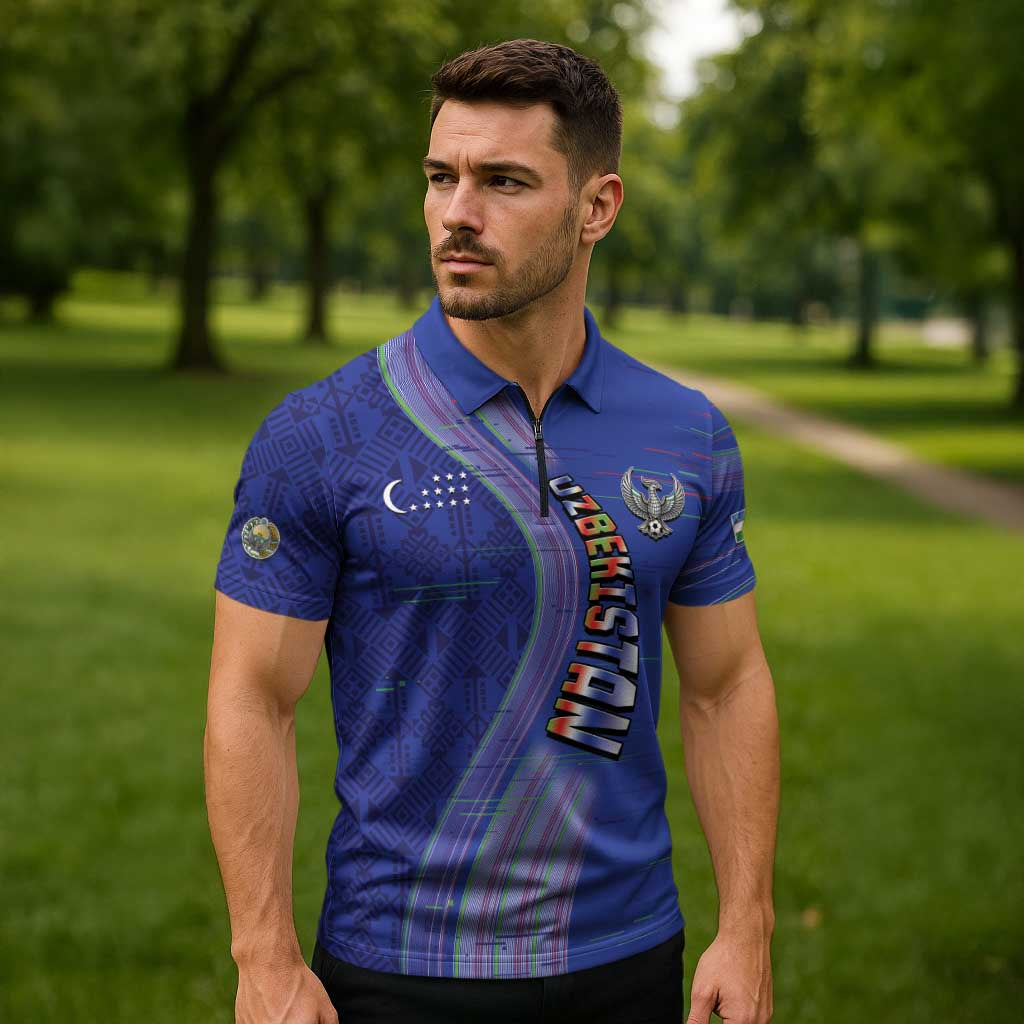 Custom Uzbekistan Football Zipper Polo Shirt Modern Glitch Art Style Huma Bird