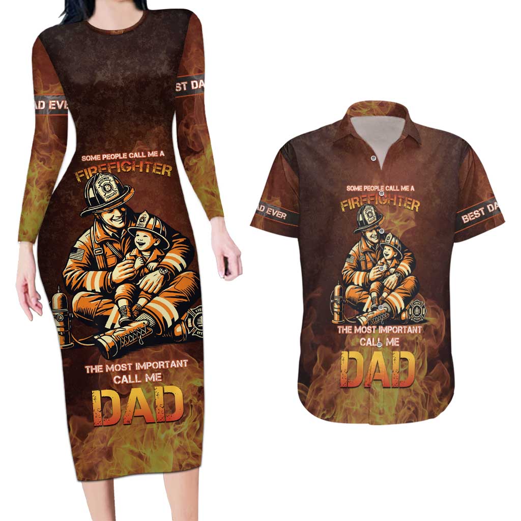Firefighter Fathers Day Couples Matching Long Sleeve Bodycon Dress and Hawaiian Shirt Best Dad Ever