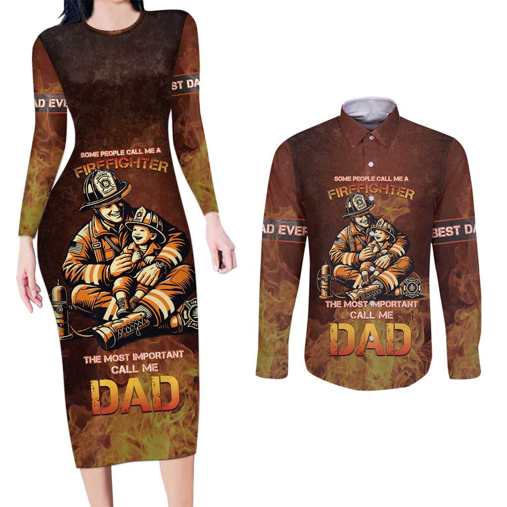 Firefighter Fathers Day Couples Matching Long Sleeve Bodycon Dress and Long Sleeve Button Shirt Best Dad Ever
