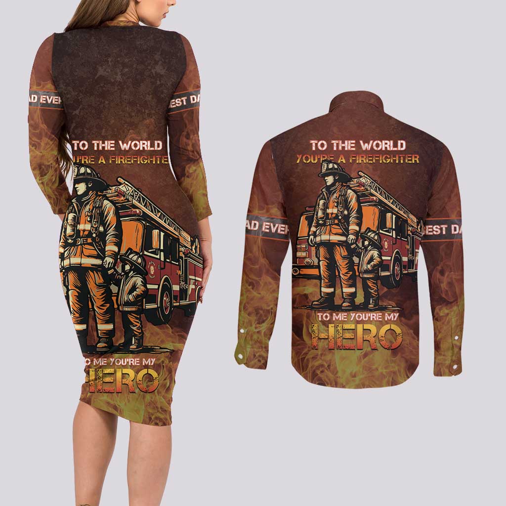 Firefighter Fathers Day Couples Matching Long Sleeve Bodycon Dress and Long Sleeve Button Shirt Best Dad Ever
