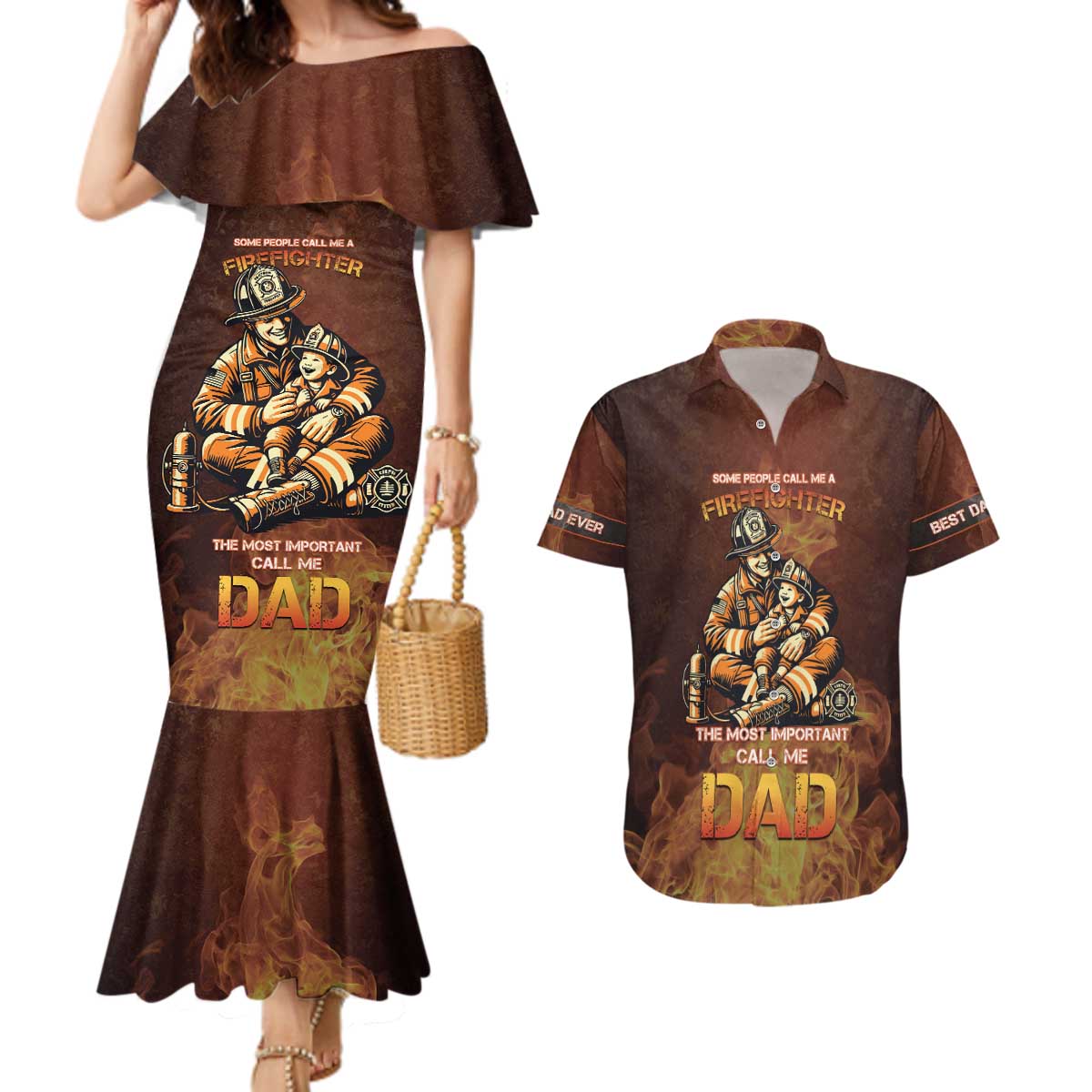Firefighter Fathers Day Couples Matching Mermaid Dress and Hawaiian Shirt Best Dad Ever