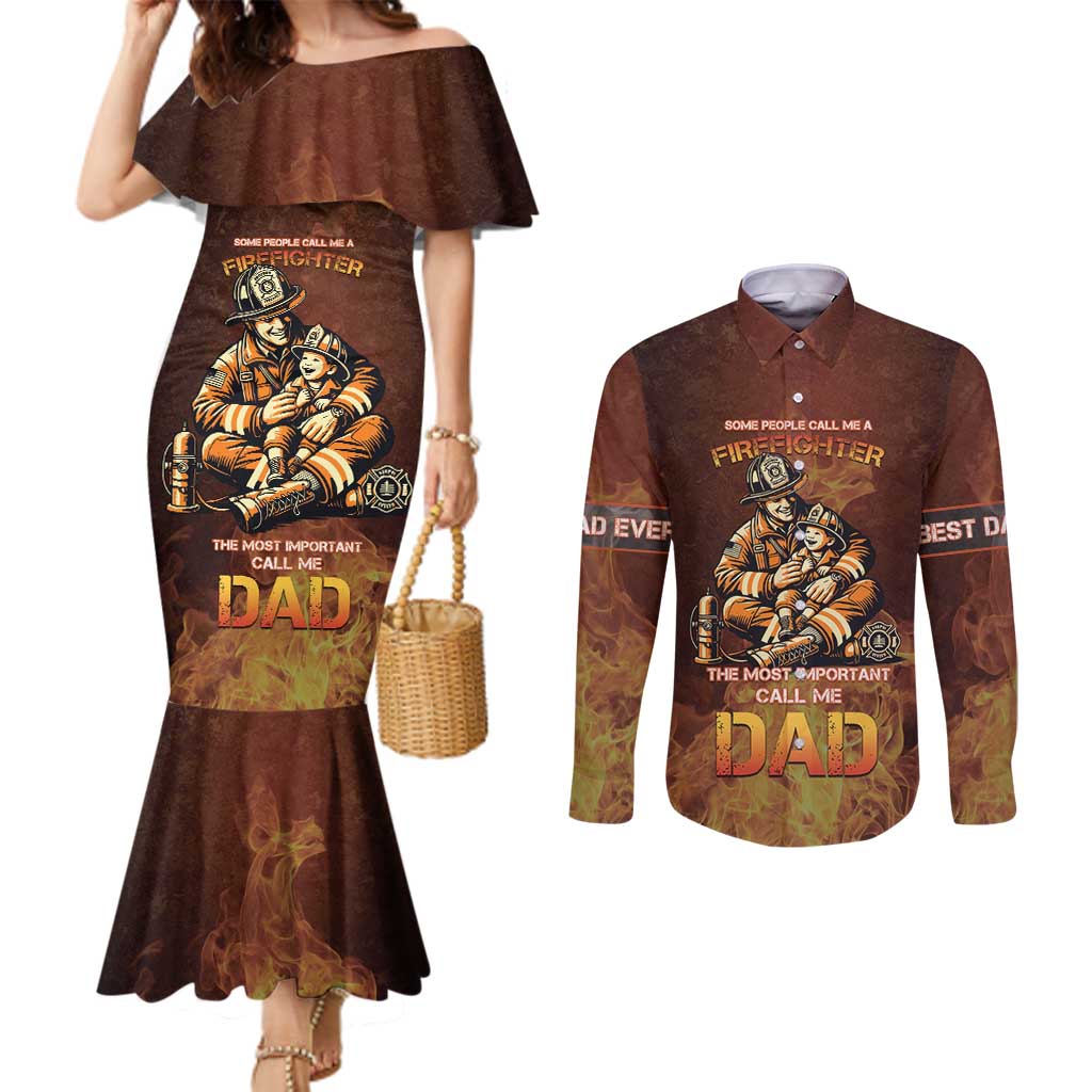 Firefighter Fathers Day Couples Matching Mermaid Dress and Long Sleeve Button Shirt Best Dad Ever