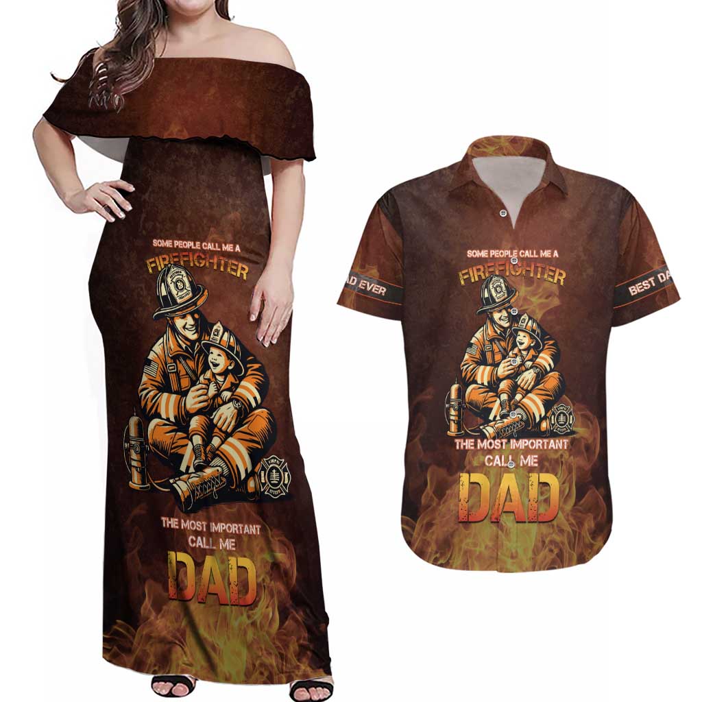 Firefighter Fathers Day Couples Matching Off Shoulder Maxi Dress and Hawaiian Shirt Best Dad Ever