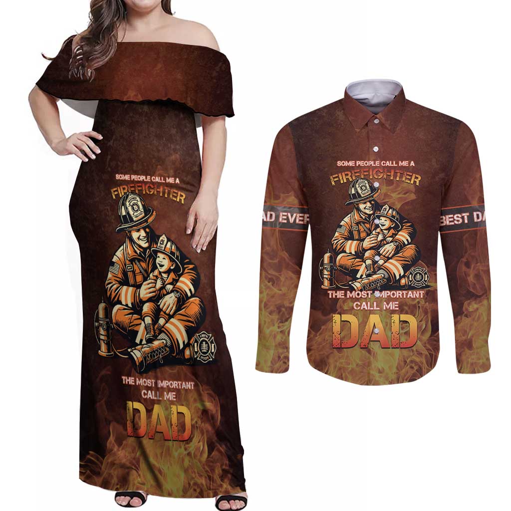 Firefighter Fathers Day Couples Matching Off Shoulder Maxi Dress and Long Sleeve Button Shirt Best Dad Ever