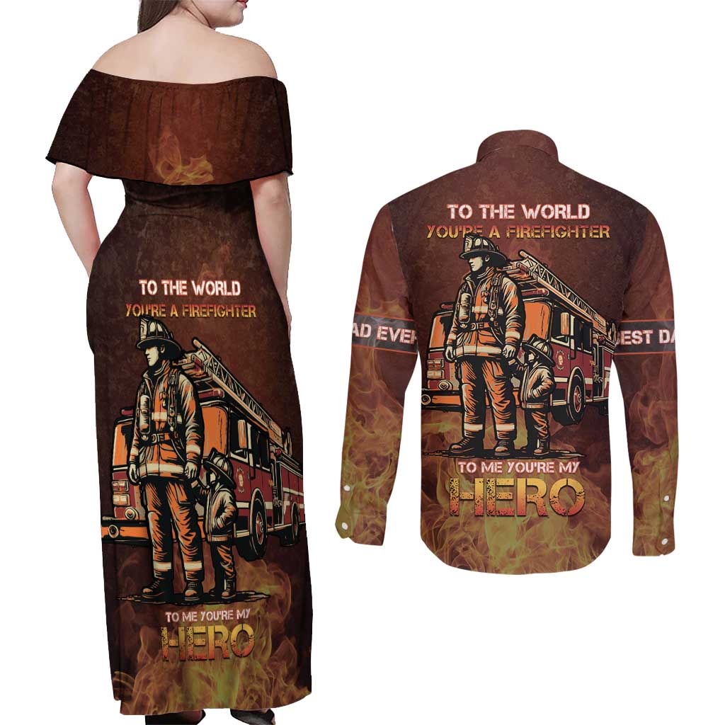 Firefighter Fathers Day Couples Matching Off Shoulder Maxi Dress and Long Sleeve Button Shirt Best Dad Ever