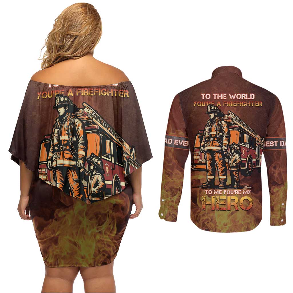 Firefighter Fathers Day Couples Matching Off Shoulder Short Dress and Long Sleeve Button Shirt Best Dad Ever