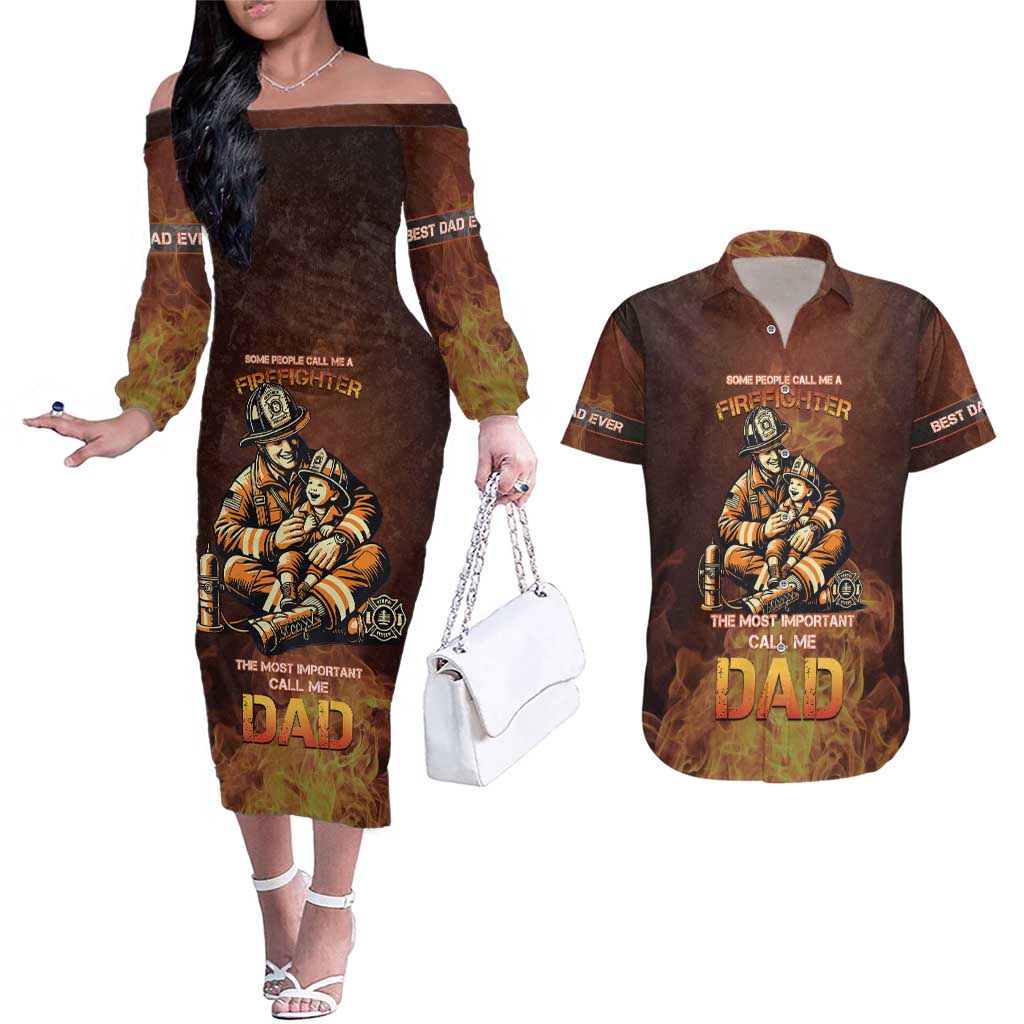 Firefighter Fathers Day Couples Matching Off The Shoulder Long Sleeve Dress and Hawaiian Shirt Best Dad Ever