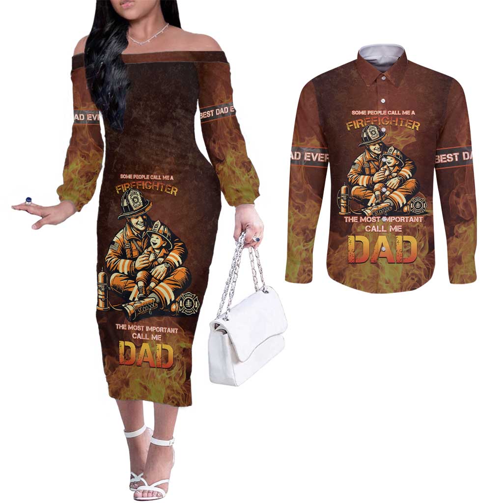 Firefighter Fathers Day Couples Matching Off The Shoulder Long Sleeve Dress and Long Sleeve Button Shirt Best Dad Ever