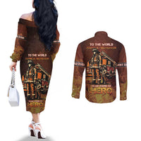 Firefighter Fathers Day Couples Matching Off The Shoulder Long Sleeve Dress and Long Sleeve Button Shirt Best Dad Ever