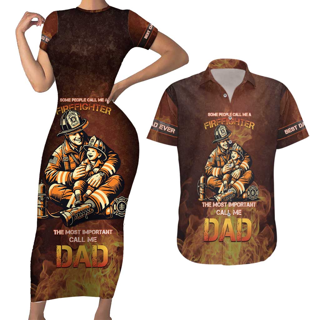 Firefighter Fathers Day Couples Matching Short Sleeve Bodycon Dress and Hawaiian Shirt Best Dad Ever