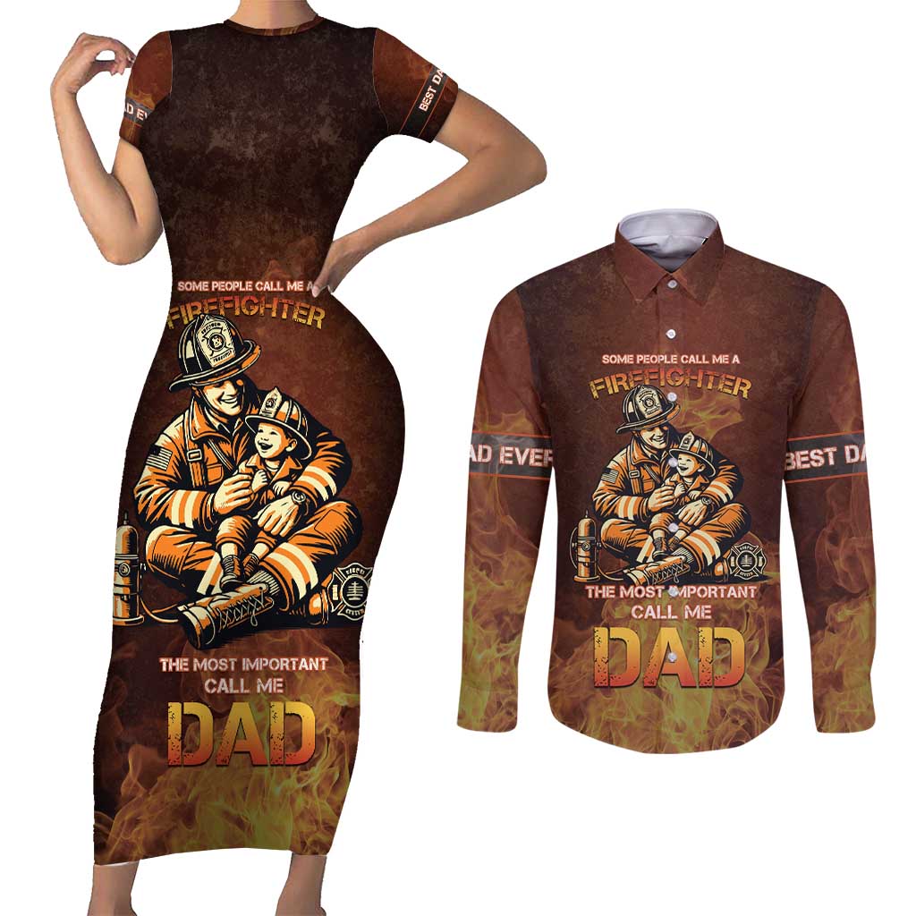 Firefighter Fathers Day Couples Matching Short Sleeve Bodycon Dress and Long Sleeve Button Shirt Best Dad Ever