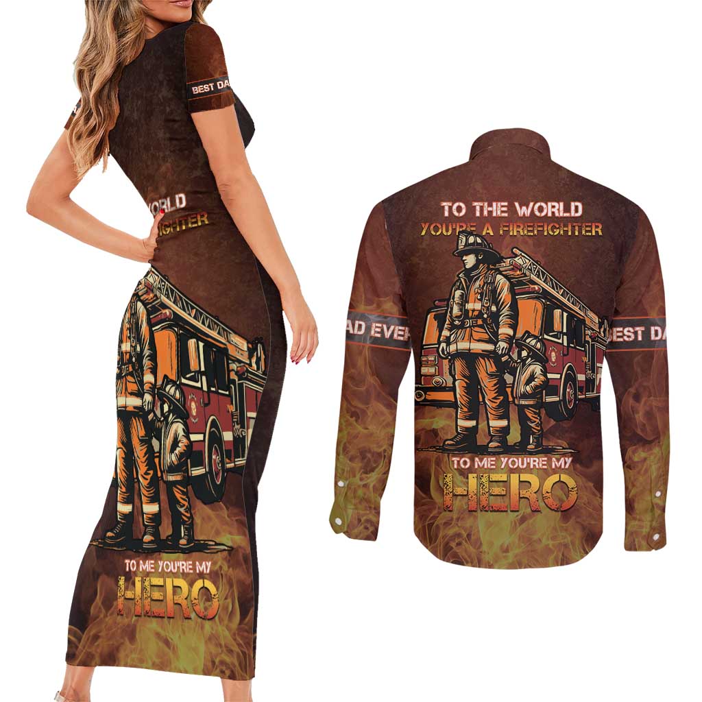Firefighter Fathers Day Couples Matching Short Sleeve Bodycon Dress and Long Sleeve Button Shirt Best Dad Ever