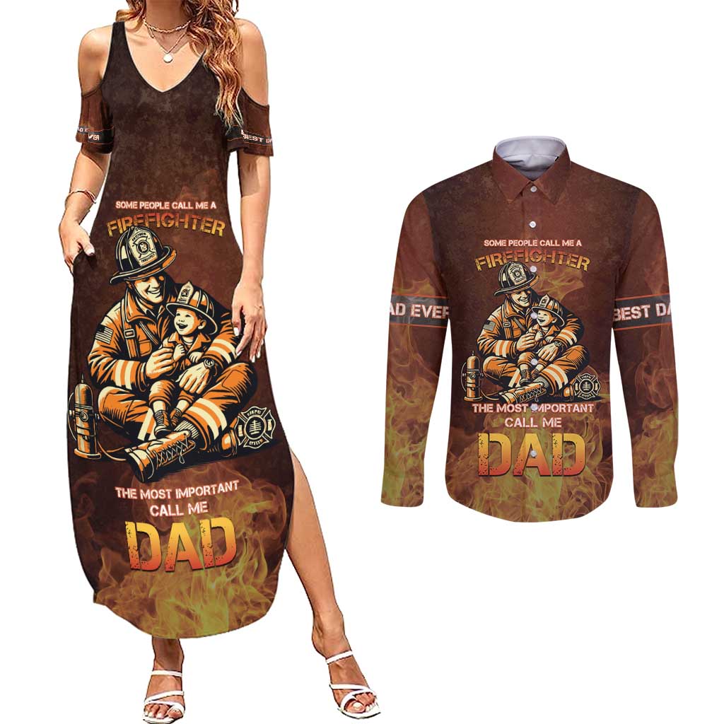 Firefighter Fathers Day Couples Matching Summer Maxi Dress and Long Sleeve Button Shirt Best Dad Ever