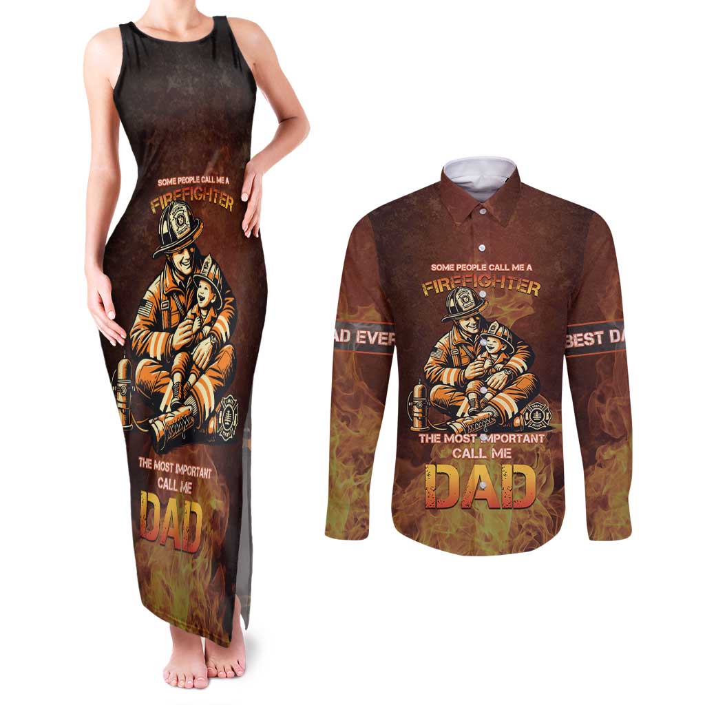 Firefighter Fathers Day Couples Matching Tank Maxi Dress and Long Sleeve Button Shirt Best Dad Ever