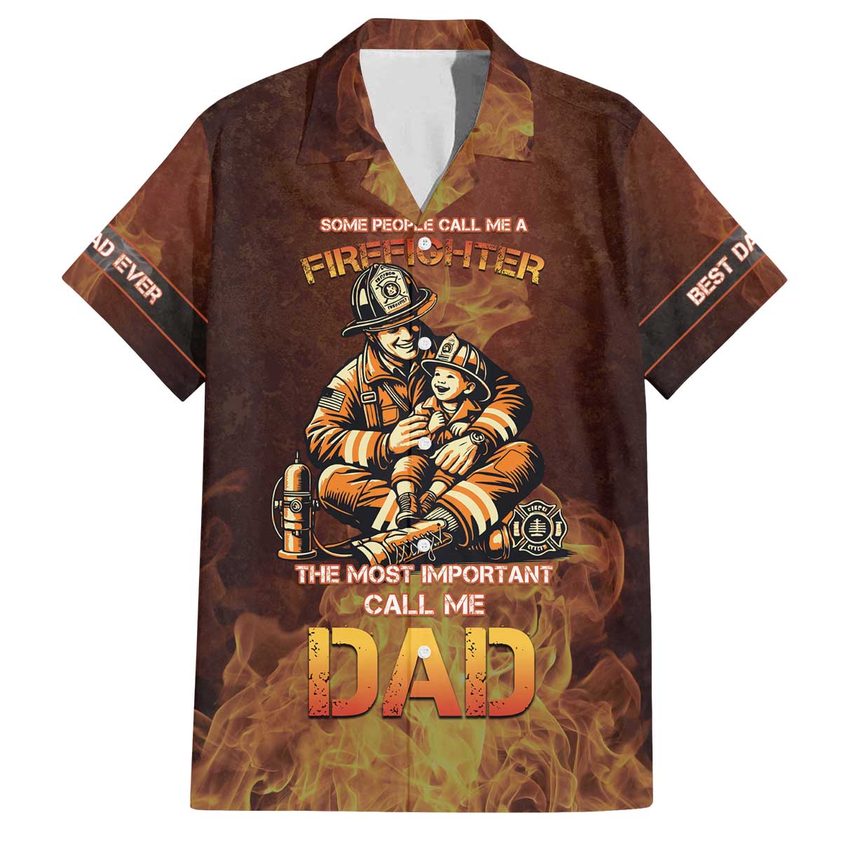 Firefighter Fathers Day Family Matching Off The Shoulder Long Sleeve Dress and Hawaiian Shirt Best Dad Ever
