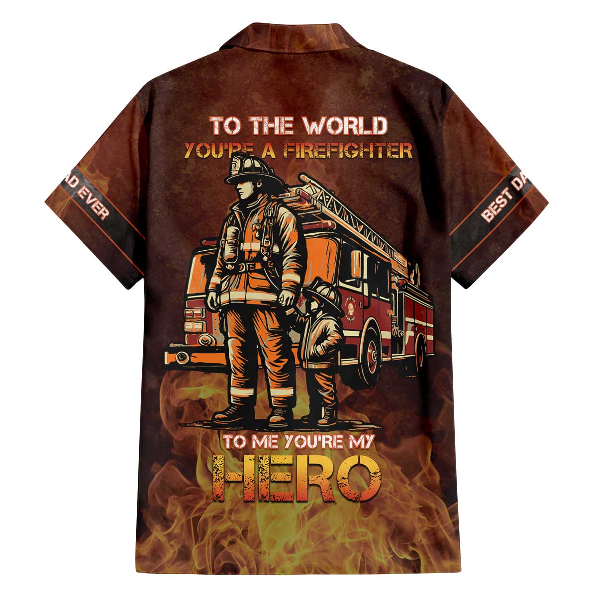 Firefighter Fathers Day Family Matching Off The Shoulder Long Sleeve Dress and Hawaiian Shirt Best Dad Ever