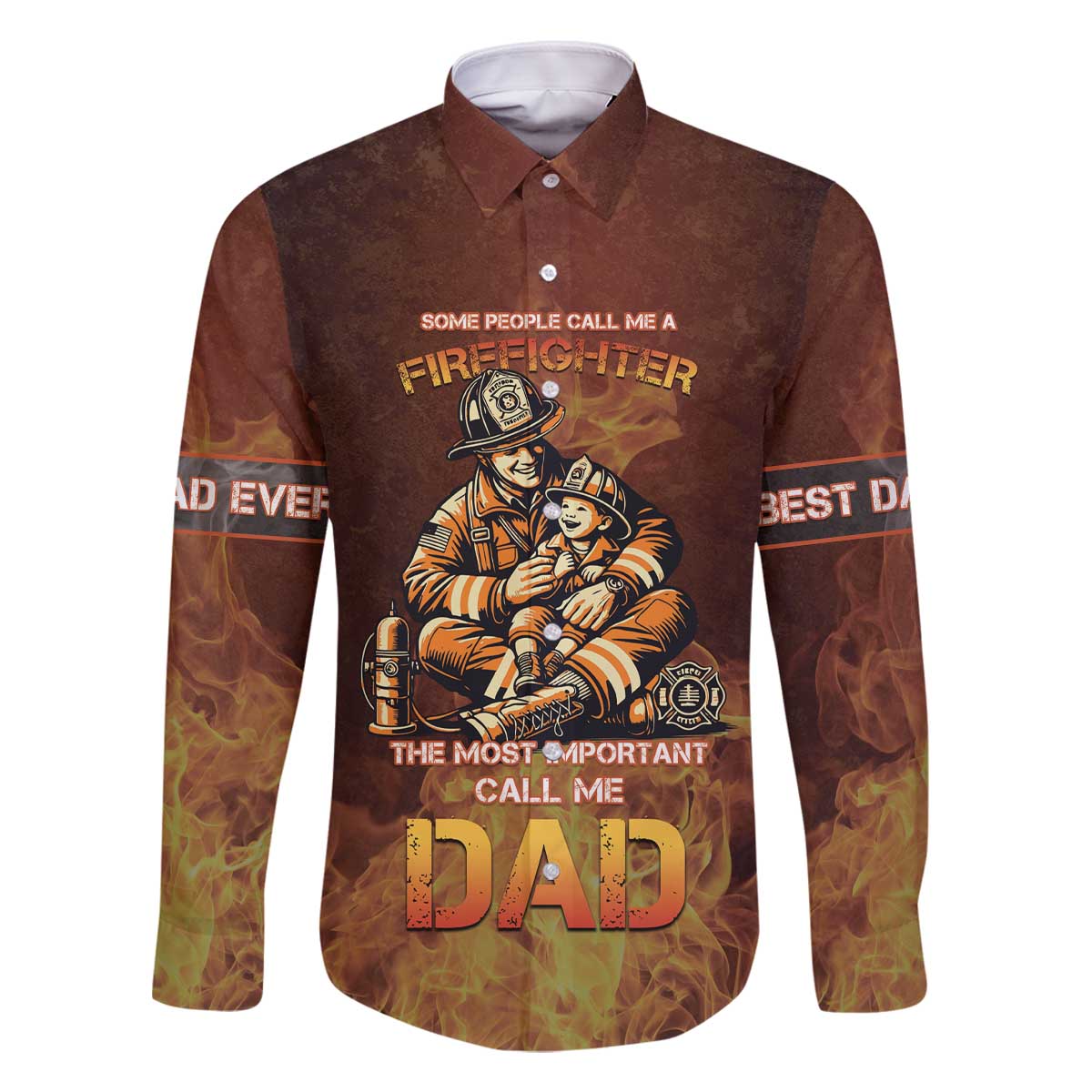 Firefighter Fathers Day Family Matching Off The Shoulder Long Sleeve Dress and Hawaiian Shirt Best Dad Ever