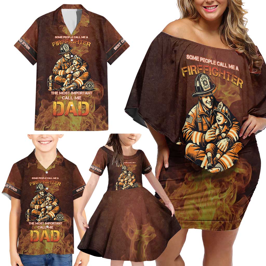 Firefighter Fathers Day Family Matching Off Shoulder Short Dress and Hawaiian Shirt Best Dad Ever