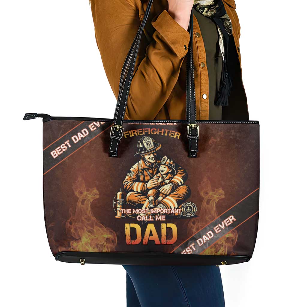 Firefighter Fathers Day Leather Tote Bag Best Dad Ever
