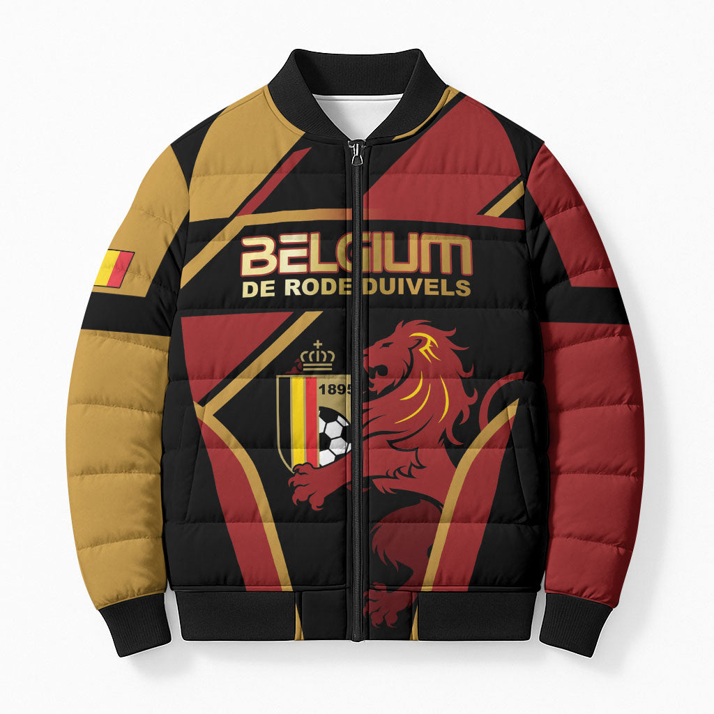 Custom Belgium Football Bomber Puffer Jacket Bold National Colors With Lion Crest