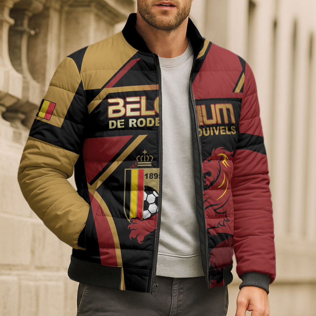 Custom Belgium Football Bomber Puffer Jacket Bold National Colors With Lion Crest