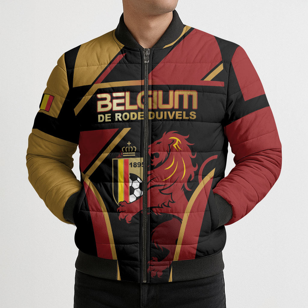 Custom Belgium Football Bomber Puffer Jacket Bold National Colors With Lion Crest