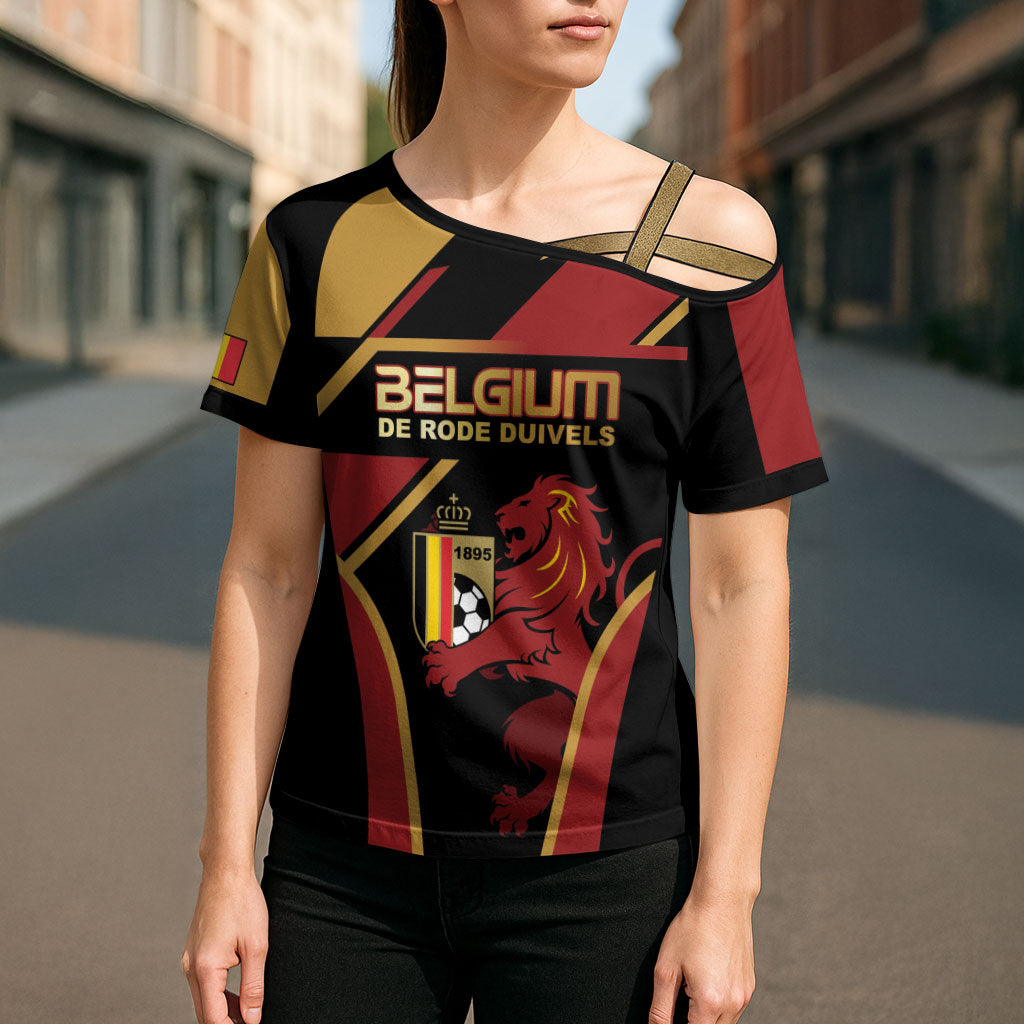 Custom Belgium Football Cross Shoulder Shirt Bold National Colors With Lion Crest