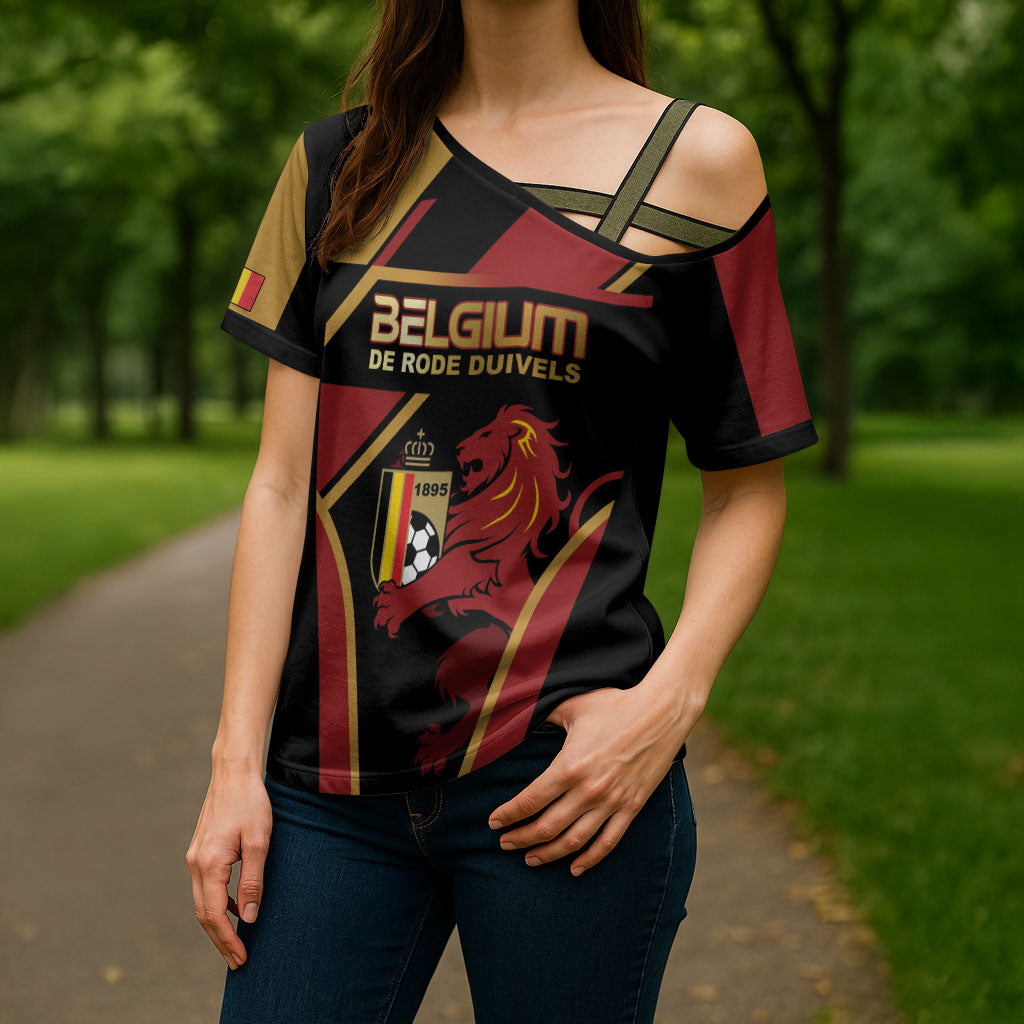 Custom Belgium Football Cross Shoulder Shirt Bold National Colors With Lion Crest