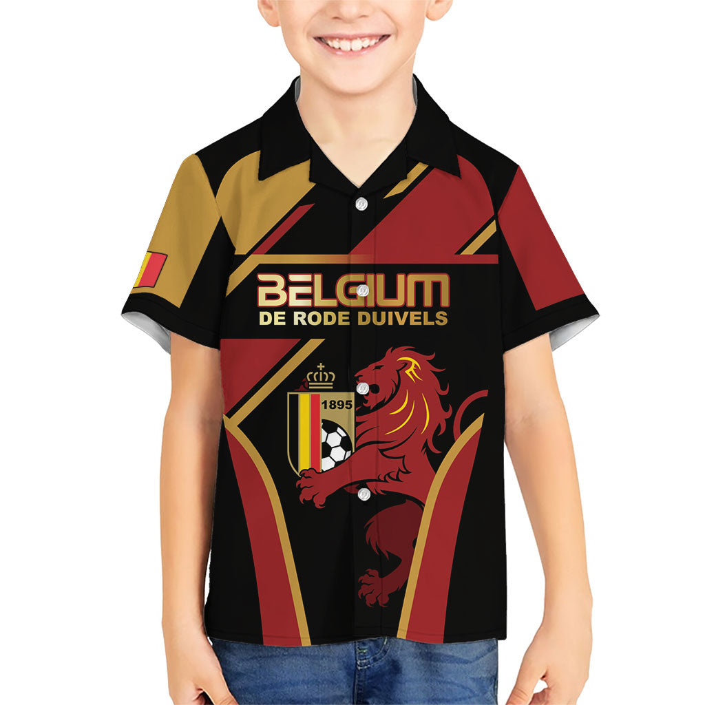 Custom Belgium Football Kid Hawaiian Shirt Bold National Colors With Lion Crest