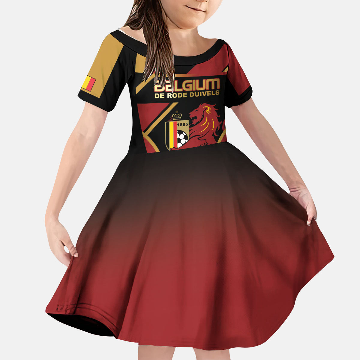 Custom Belgium Football Kid Short Sleeve Dress Bold National Colors With Lion Crest